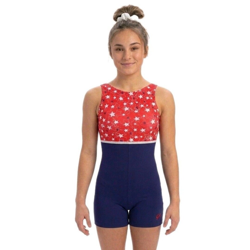 GK Elite VTG Patriotic Foiled Stars Logo Biketard Unitard Red White Blue Size AL
